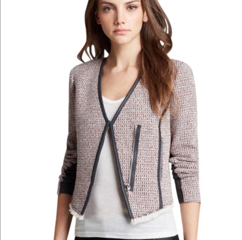 Rebecca Taylor Tweed Jacket Leather Trim Moto Asymmetric Red Gray Size 6 Classic
